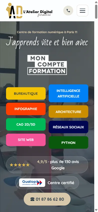 Page d'accueil actuelle de L'Atelier Digital sur mobile