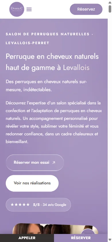 Accueil de Dvora C Wigs sur mobile avec bouton de réservation et note Google