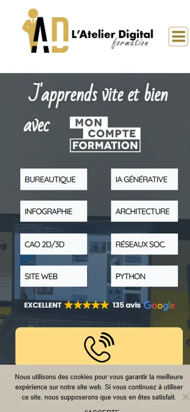 Page d'accueil de l'ancien site de L'Atelier Digital sur mobile, avec bandeau de cookies