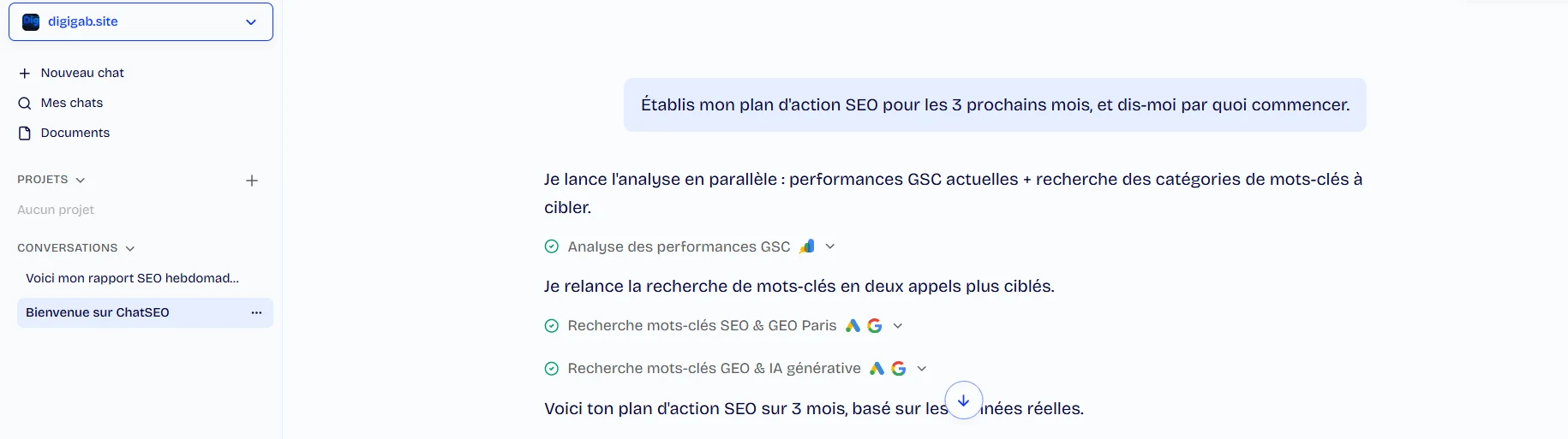 Capture d'écran de ChatSEO analysant digigab.site : demande d'un plan d'action SEO sur 3 mois, analyse des performances Search Console et recherche de mots-clés SEO et GEO à Paris