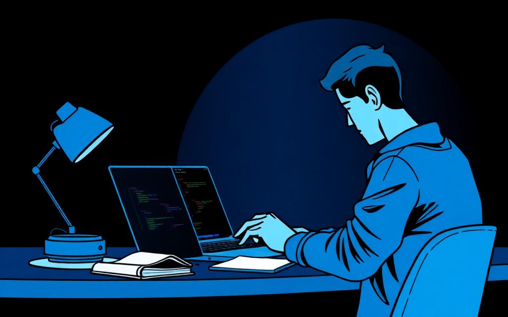 Freelance WordPress concentré sur son code, en pleine réflexion
