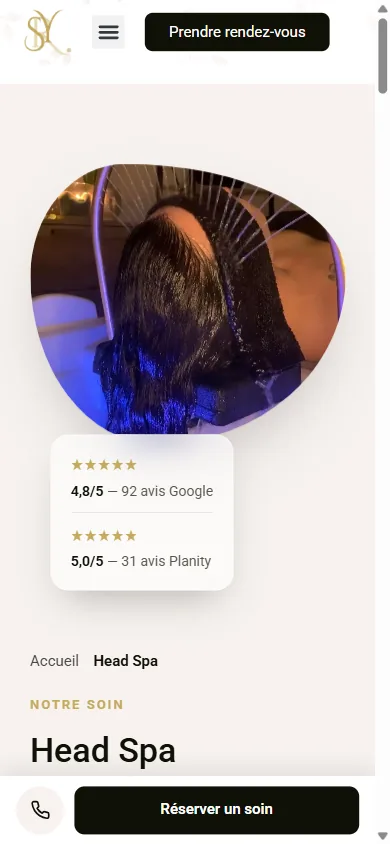 Nouveau site Serenity Institut sur mobile : page Head Spa avec les notes Google et Planity